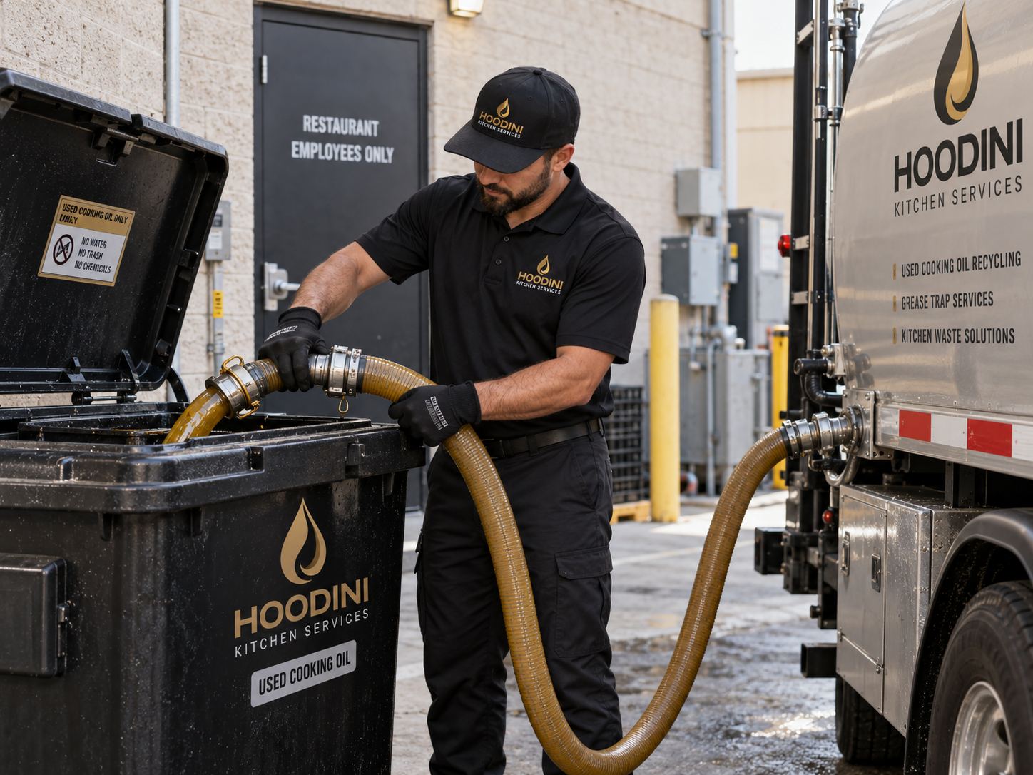 tech pumping oil from container into truck