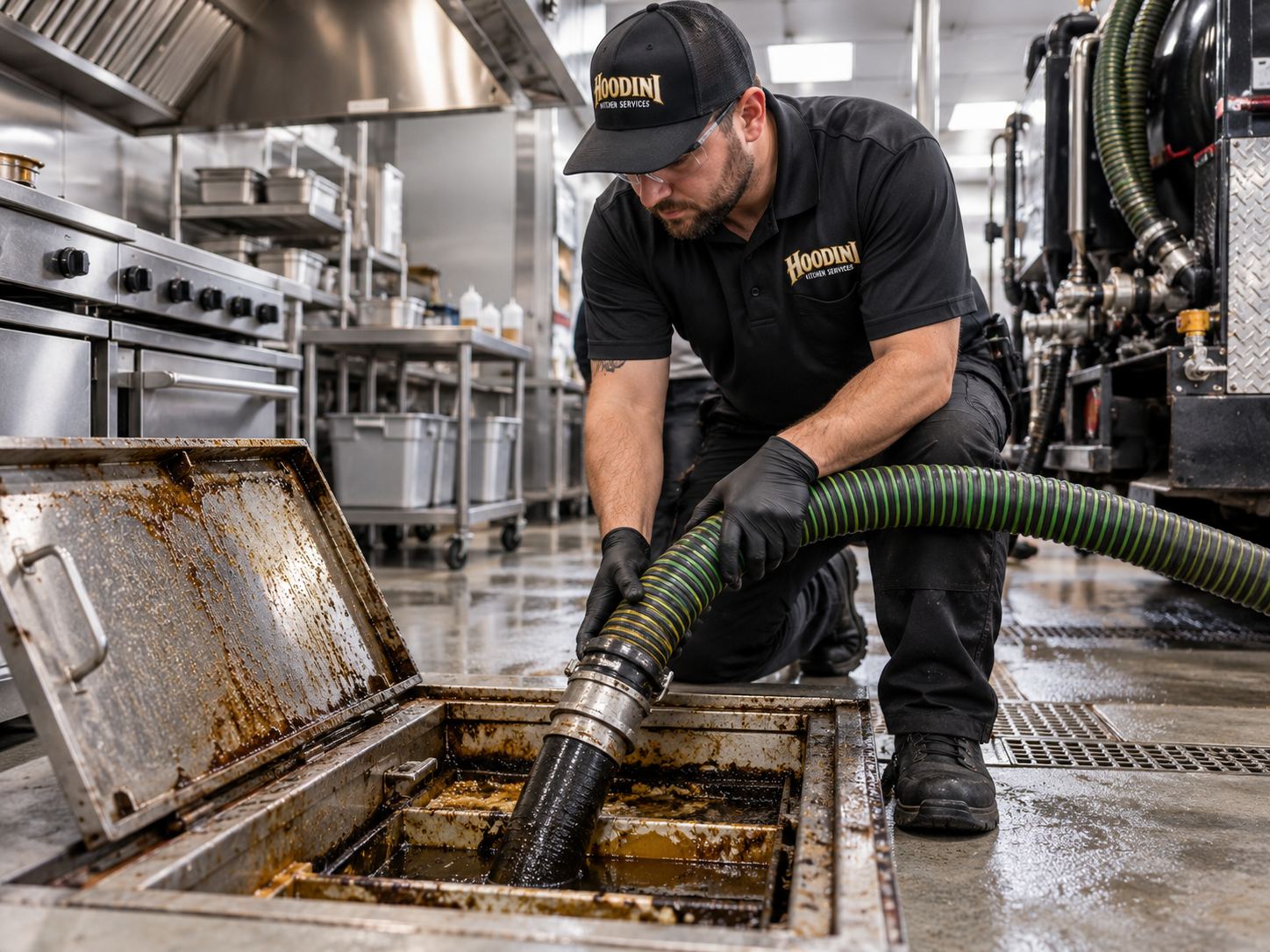 tech pumping an indoor grease trap